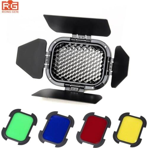 Godox BD-07 barn door with honeycomb grid and 4 color filter gels (Red Yellow Green Blue) for godox ad200 pocket flash