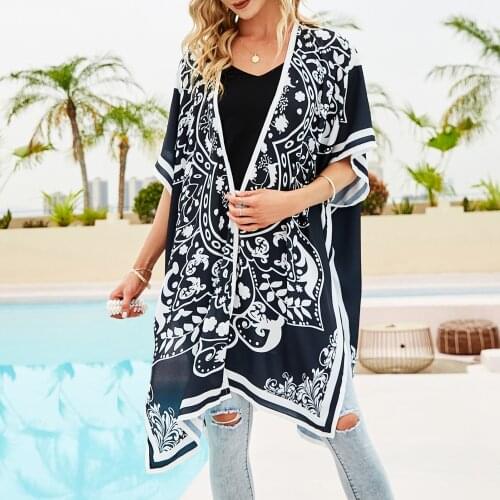Summer Beach Cover Up for Women Vintage Print Short Sleeves Kimono Cardigan Oversized Robe Elegant Tunic Swimsuit Cover Up