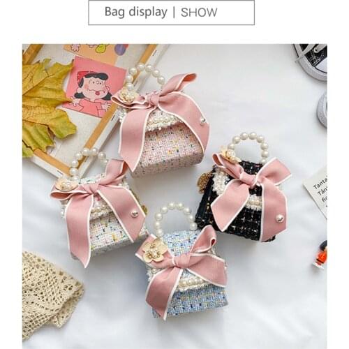 Sweet Kid Shoulder Bag with Pearl, Bow Decoration Princess Style Adjustable Chain Clothing Accessories