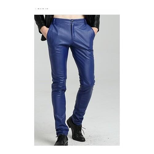 HOO 2022 men new winter leather pants fashionable bound feet pants tight motorcycle wagon and velvet PU trousers