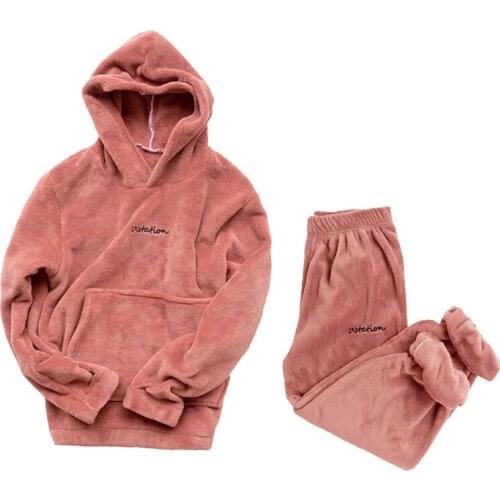 Solid Winter Womens Sleepwear Thick Warm Pajamas Sets Autumn Long Pants Warm Clothes Mens Flannel Home Wear Female Pajamas Suit