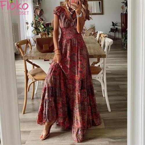 Flokocloset Short Sleeve Bohemian Print Maxi Dress for Women Summer 2021 Beach Casual V-Neck Boho Long Dress Party Sundress