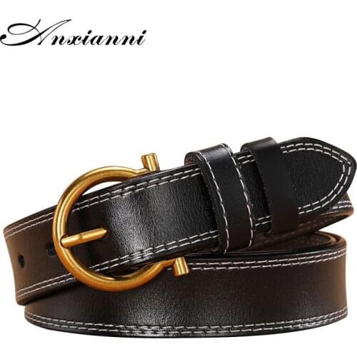 Anxianni Brand Womens Ladies Soft Genuine Leather Belts pin Buckles Female Retro Thin for Jeans Belt 2.8cm Wide