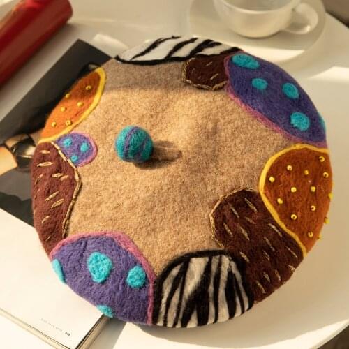 Women Hat Novelty Mixed Color Handmade Woolen Felt Beret Painter Warm Autumn Winter Hats French Style Girl Gift Costume Party