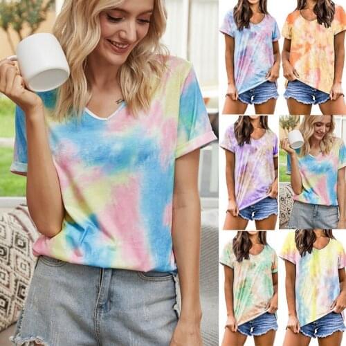 Tie Dye Printed T-shirt Summer Women Short Sleeve V Neck Tee Tops Casual Ladies Loose Tshirt WDC5164
