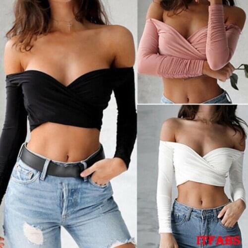 Women Casual Solid Low-Cut Short T Shirts Black Pink White 3 Colors Lady Sexy Off Shoulder Long Sleeve V Neck Slim Fit Crop Top