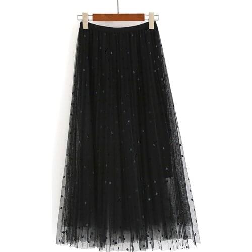 Long Chiffon Polka Dot Skirt Spring Autumn Elastic Waist Long Tulle Pleated Skirt Women 2020 Summer Black Maxi Skirts For Women