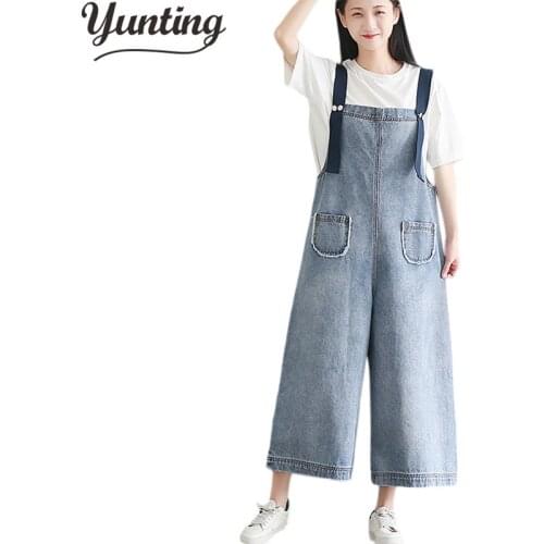 Womens casual loose denim overalls Ladys Pockets baggy jeans Wide leg pants for woman