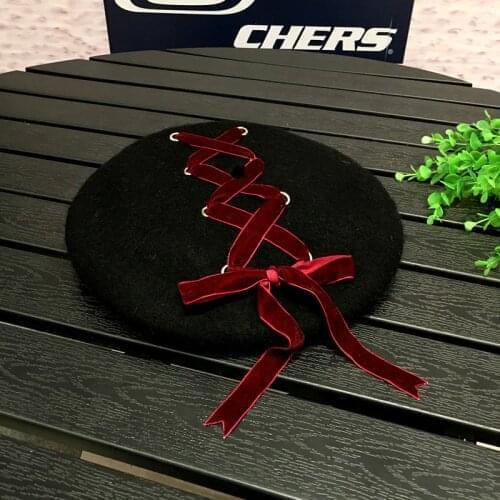 Lady Autumn Winter Beret Hats Retro Cross Straps Bowknot Wool Artist Cap Beret Solid Painter Cap