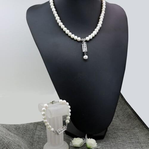 Fashion Elegant Natural White Freshwater Cultured 8-9mm Pearl Beads Necklace Bracelets for Women Pendant Jewelry Set B2923