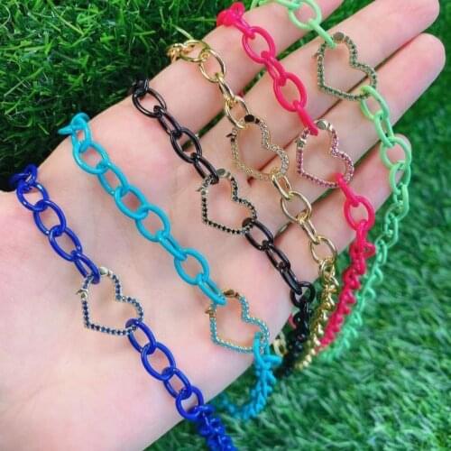 5Pcs New Trendy Women CZ Heart Charm Colorful Enameled Chain Charm Necklace For Girls Female Statement Party Jewelry