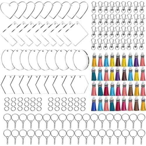 Acrylic Keychain Blank Acrylic Transparent Ornament Pendants and Round Keychain Tassels Small Rings Set for DIY Craft