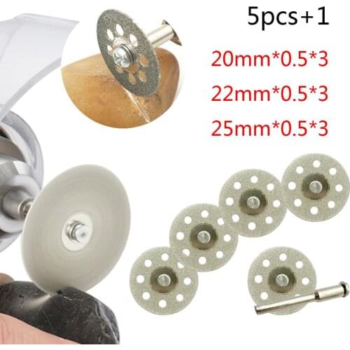 5pcs/set 20/22/25mm Mini Diamond Saw Blade Silver Cutting Discs with 1X Connecting Shank for Dremel Drill Fit Rotary Tool