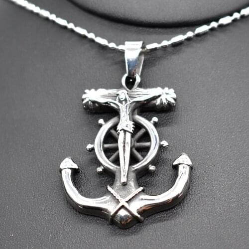 AMUMIU Punk Anchor Jesus Pendant Stainless Steel High Quality Chain Necklace Jewelry For Men Rock Biker Gift HZP230