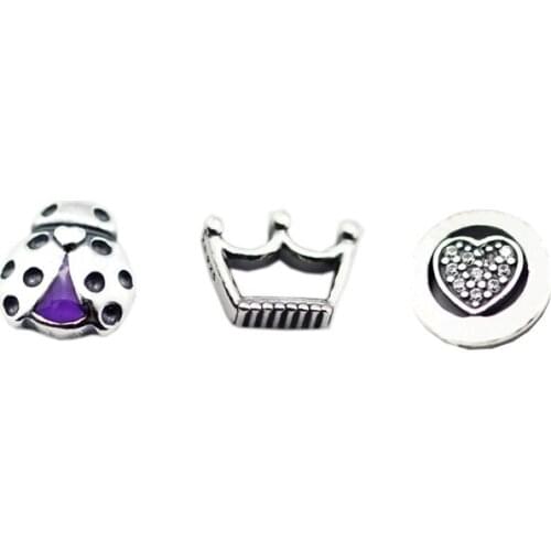 3PCS/Lot Ladybug Crown Signature Heart Petites Pack Charms Fits Floating Locket Necklace 925 Sterling Silver Jewelry