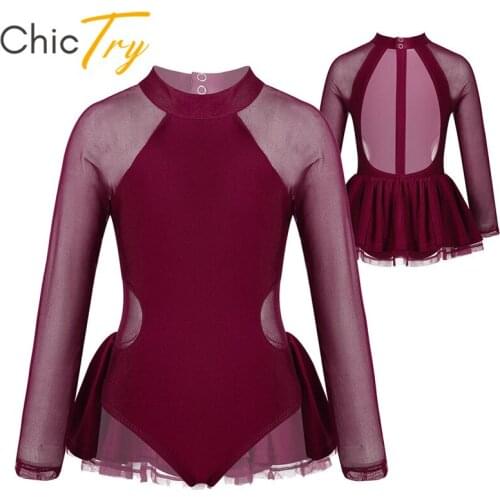 ChicTry Kids Girls Long Sleeves Sheer Tulle Figure Skating Dress Competition Performance Dance Costume Ballet Gymnastics Leotard