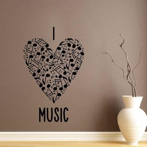 Art Wall Sticker I Love Music Wall Decoration Vinyl Art Removeable Room Decor Heart Notes Decal Poster Beauty Mural LY87