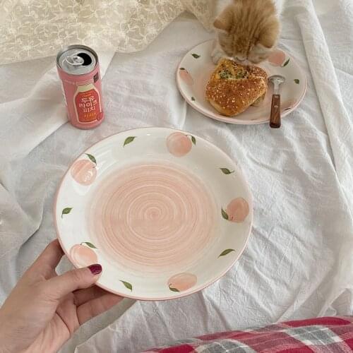 Fresh Tableware Hand Painted Peach Ceramic Plate Home Decoration Flat Plate Fruit Plate for Food