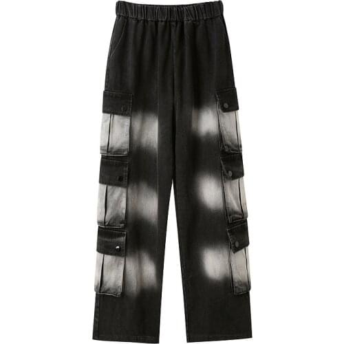 High street funeral style old washed tie-dye gradient multi-pocket tooling jeans mens loose wide-leg trousers trend