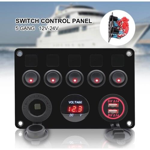 5 Gang Rocker Switch Panel 12-24V 4.2A Dual USB Charger 12V Outlet Digital Voltmeter Toggle Switch Panel for Boat Camper RV