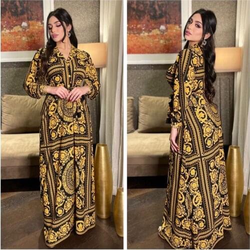 Muslim Satin Abaya Womens V-neck Printed Dress Fashion Lacing Skinny Long Skirt Dress Abaya Kimono Moroccan Oriental Apparel