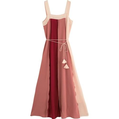 PERHAPS U Red Pink Patchwork Strap Sleeveless Sash Maxi Long Dress Loose Summer D0568