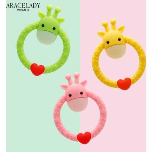 1pc Silicone Teether Animal Giraffe Baby Teether Pendant Food Grade BPA Free Baby Teething Chew Charms Silicone Beads Ring Toy