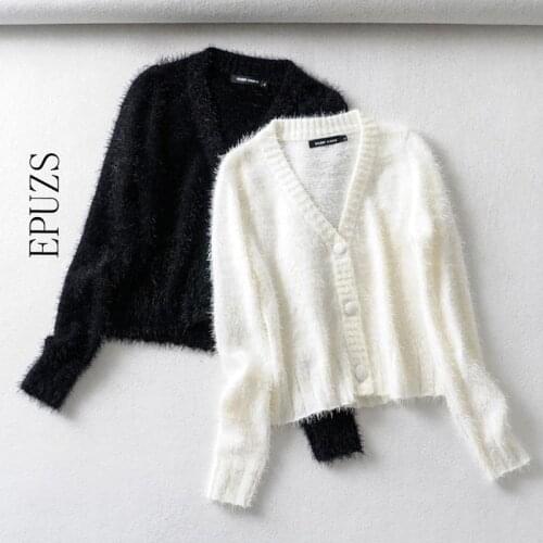 Furry White Cropped Cardigans Women Kawaii Sweater Knitted Crop Top Sweater Korean Casual Long Sleeve Ladies Sweater Fall