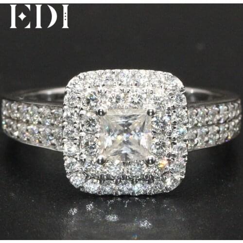 Luxury Double Halo 0.5CT D/VVS Princess Cut Moissanite Diamond Pave Ring 14K White Gold Wedding Engagement Ring Band For Women