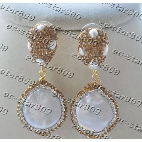 P7259 Handmade Golden CZ Inlay 20mm White Coin Freshwater Dangle Earring