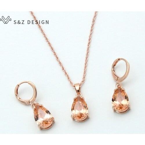 S&Z 2019 New Fashion Water Drop Cubic Zirconia 585 Rose Gold Earrings Jewelry Set For Women Girls Wedding Party Gift