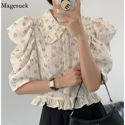 Chic Puff Sleeve Print Shirt Women 2021 Sweet Peter Pan Collar Floral Chiffon Blouses Women Vintage Ruffles Tops Blusas 14387