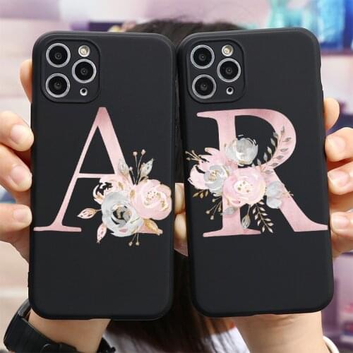 Alphabet Letters Name Flowers Silicone Phone Cases For Huawei P30 P20 Lite Pro P40 Lite E P Smart 2021 Black TPU Back Cover