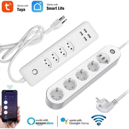 Wifi Smart Socket 4 EU / BR Outlets With USB Charging Port Via Tuya APP Remote Control Timing Voice Work With Alexa Google Home