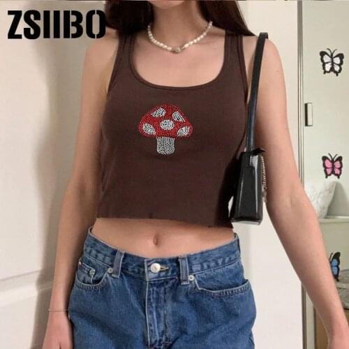 Y2K Vintage Paddestoel Gems Grafische Bruin Baby Tanks 90S Streetwear Strass Straped Mouwloze Crop Tops Indie Outfits clothing