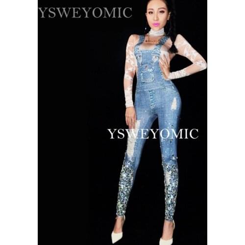 Bright Stones Jeans Printed Jumpsuit Rhinestones Skinny Leggings Nightclub Show Womens Birthday Party Prom DJ Outfit Stage Wear