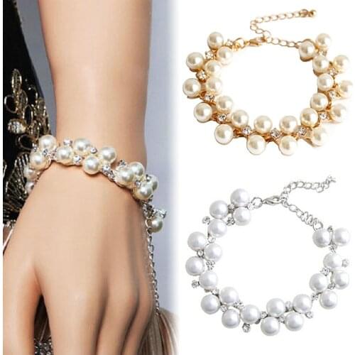 Simulated Pearl Bracelets For Women Fashion Rhinestone Crystal Bangle Bracelet Wedding Jewelry Bride Boho Beaded Jewelry