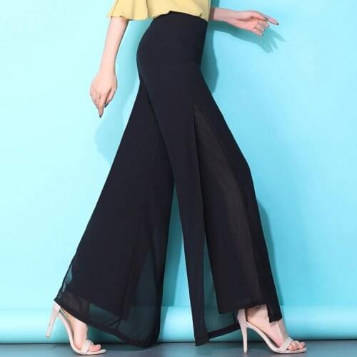 WKOUD Plus Size Wide Leg Pants For Women Summer Chiffon Split Black Pants High Waist Zip Up Loose Thin Trousers Female P8967