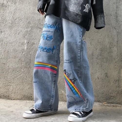 Women Jeans Loose Casual Wide Leg Pants Harajuku Sweatpants Printing Letter Korean Student Plus Size Long Trousers