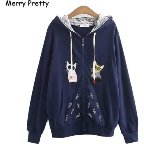 Womens Cartoon Cat Zipper Embroidery Hoodies Sweatshirts 2020 New Sweet Style Long Sleeve Cute Hooded Pullovers MERRY PRETTY