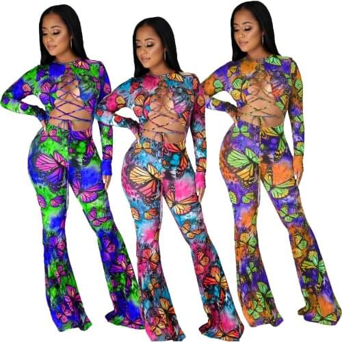 Echoine Long Sleeve Hollow Out Butterfly Print Bodycon Stacked Jumpsuit Women Sexy Flared trousers Rompers One Piece Club Clothe