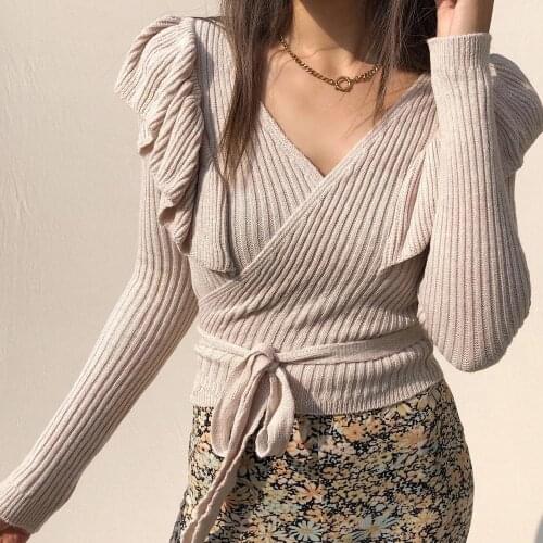 Women V Neck Ribbed Knitted Sweater Sexy Bandage Pullover Autumn Winter Women V Neck Long Sleeve Ruffles Knitted Sweater 2021
