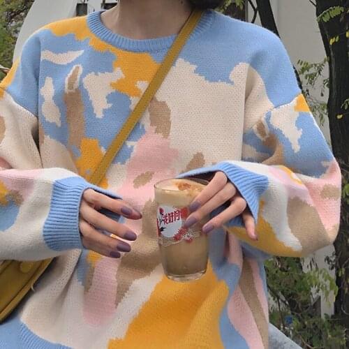 Womens Long Sleeve Oil Painting Printed Knit Slim Fashion Pullover Hip Hop Pullover Fashion 2021 Fall Winter New