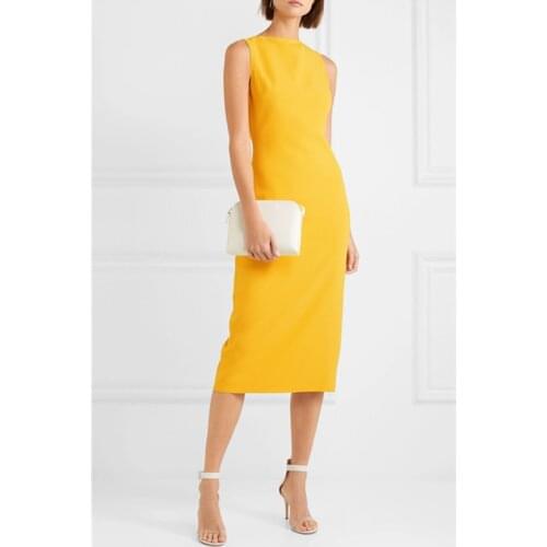 2019 New Summer Elegant Office Lady Pencil Dresses Fashion High Waist Sleeveless OL Slim Women Dress Solid Yellow Tank Vestidos