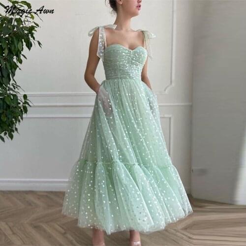 Magic Awn 2021 Light Green Prom Dresses Hearty Tulle Ankle Length Evening Party Gowns Bow Straps Pockets Formal Graduation Gowns