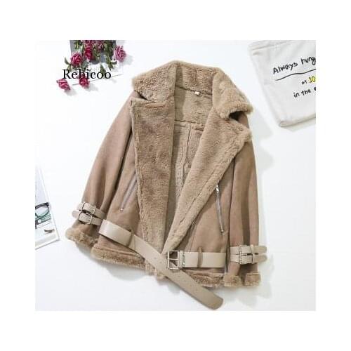 Winter Short Suede Jacket Coat Women Warm Lambswool Parka Coats Ladies Lamb Velvet Fur Overcoat Womens Locomotive Bomber Jackets