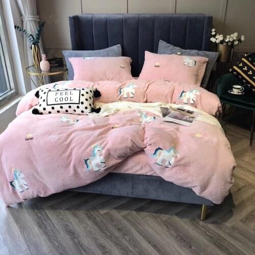 Winter Warm thickening Milk cashmere Soft Bedding sets Queen King Coralline Duvet cover Bed sheet set Pillowcase 4pcs pink horse