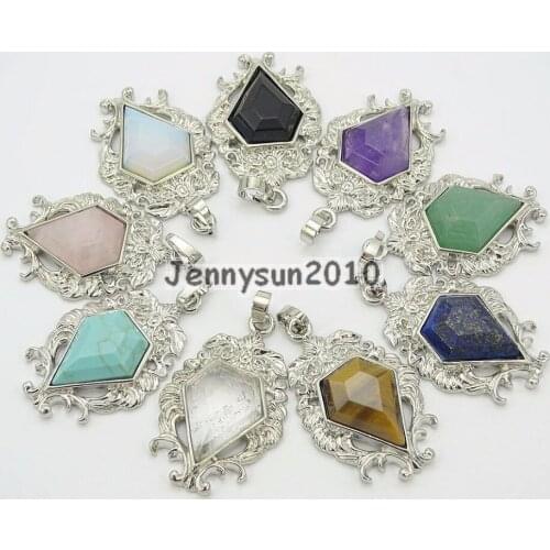 Natural Gems Stone Reiki Chakra Carved Spear Pointed Healing Pendant Beads Silver Plated Jewelry Design 10Pcs/Pack