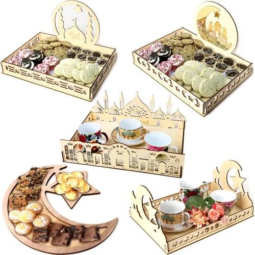 Eid Mubarak Decor Islamic Wooden Tray Fruit Dessert Food Tray Islam Muslim Party Supplies Ramadan Kareem Decoration Eid Al Adha