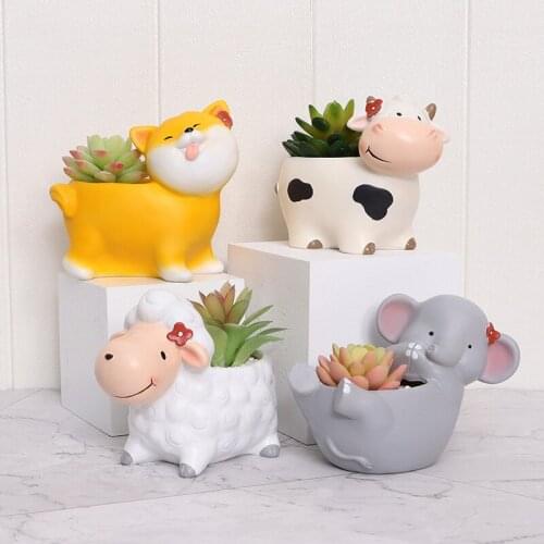 Interesting Gardening Desktop Resin Small Flower Pots Home Decorative Flower Pots Cute Animal Shape With Lovely Red Flower